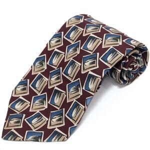 Hickey Freeman Collection Wine Burgundy Blue Geometric 100% Silk Necktie